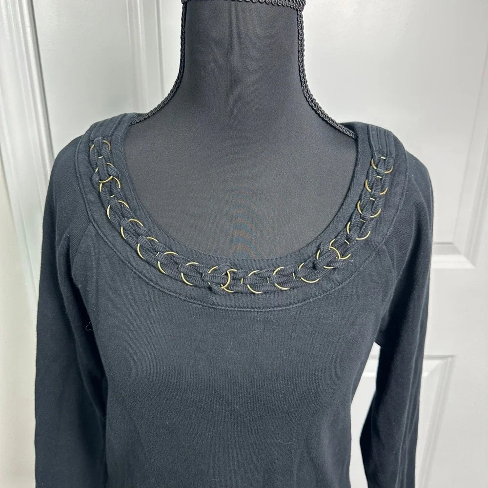 Rafaella‎ Black 3/4 Sleeve Crew Neck Top with Ring Detail Women's Size M - Picture 2 of 12